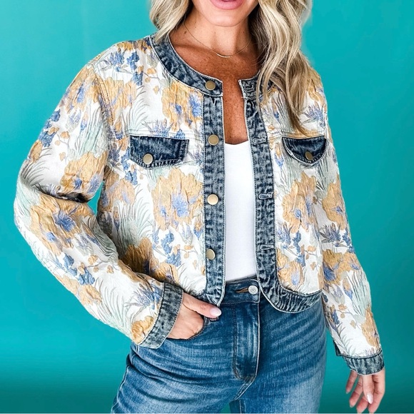 Floral woven jacquard denim button boho bohemian jacket - Picture 12 of 14